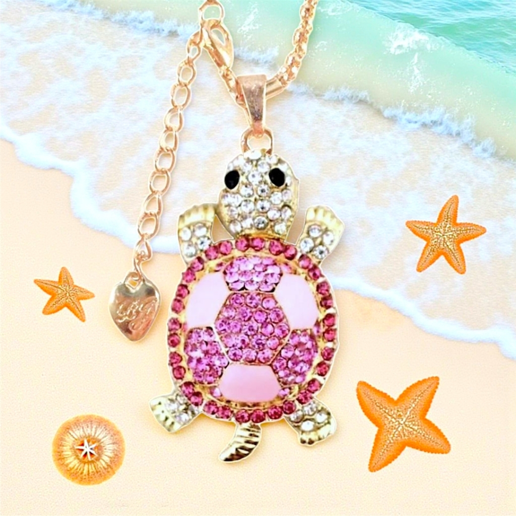 Gold Plated Pink And White Crystal Sea Turtle Pendent Necklace (Movable Limbs)